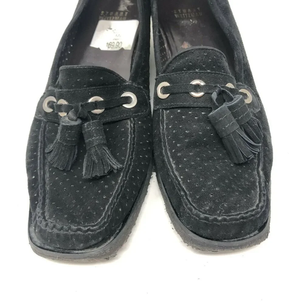 Stuart Weitzman Loafer Women's 9.5‎ Black Suede Crepe Sole Tassel Moc Toe